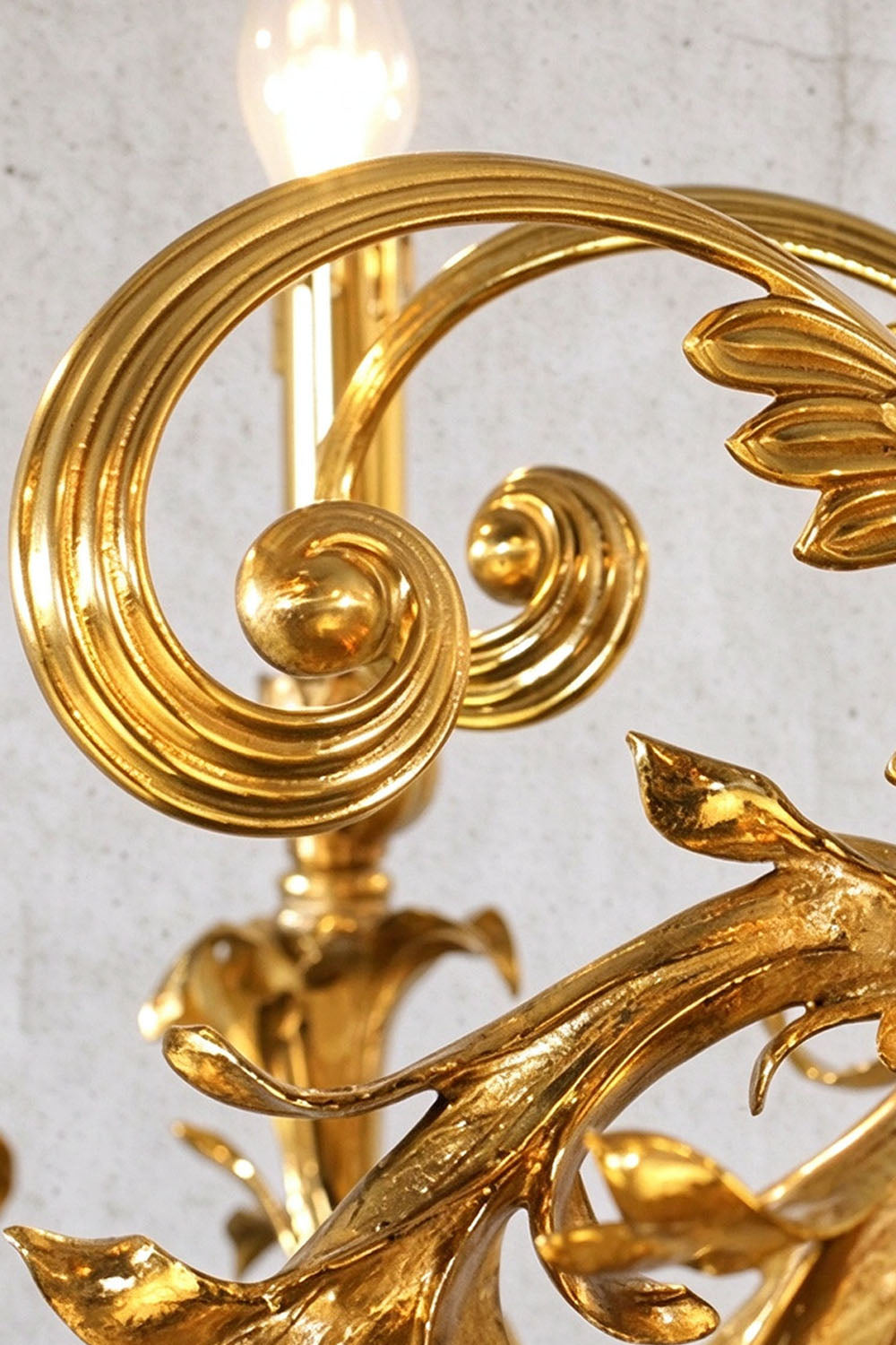 Pamprelle Brass Acanthus Grape Chandelier | Cast Brass | Close-up of curled brass candle arm | Samu Lamp