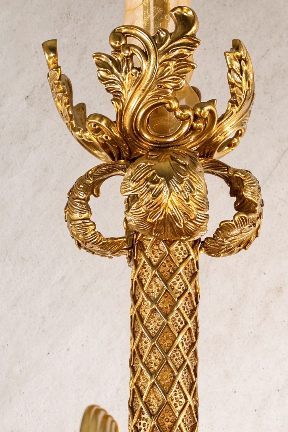 Pamprelle Brass Acanthus Grape Chandelier | Cast Brass | Detail of the central textured stem | Samu Lamp