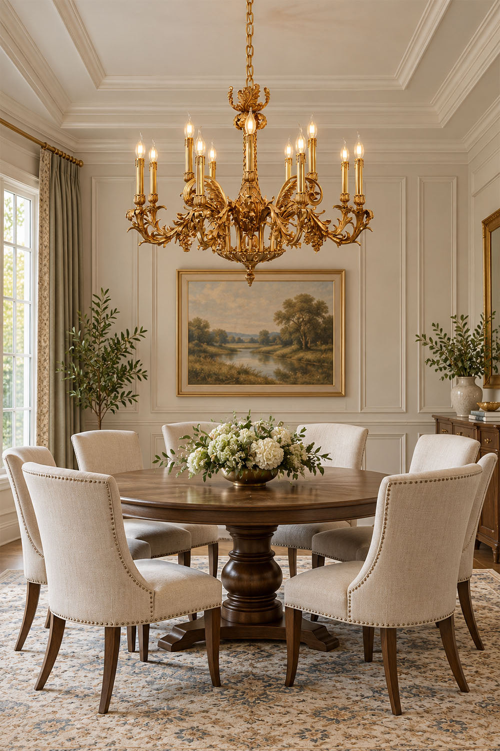 Pamprelle Brass Acanthus Grape Chandelier | Cast Brass | Centered above a dining table with art | Samu Lamp
