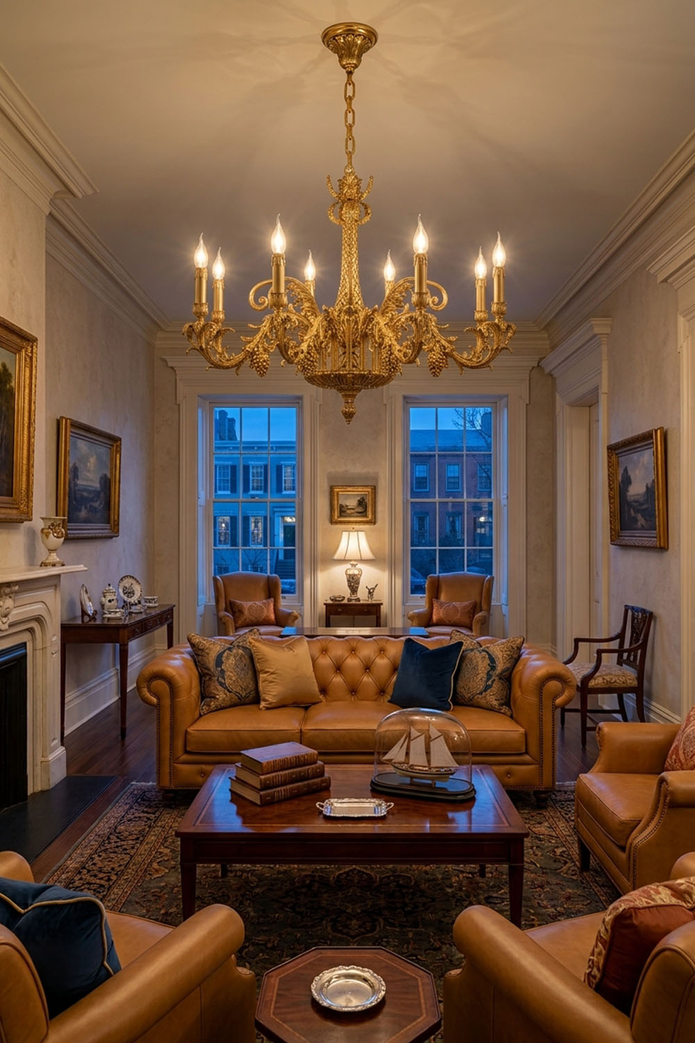 Pamprelle Brass Acanthus Grape Chandelier | Cast Brass | In a warm living room with leather sofas | Samu Lamp