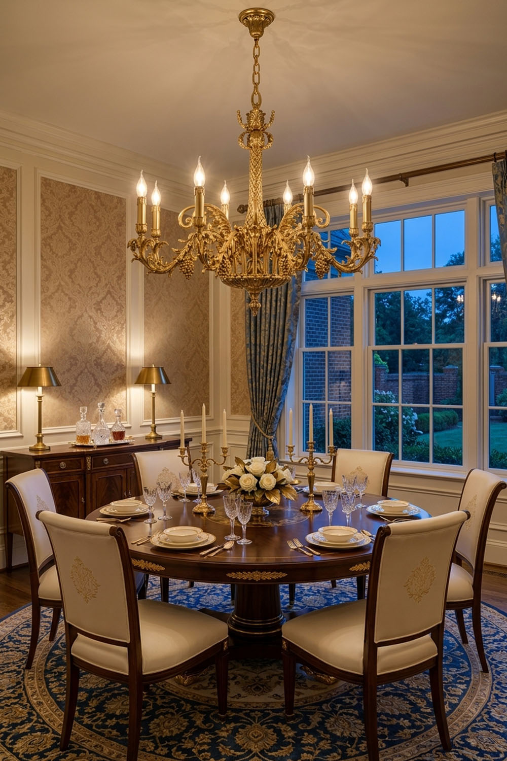Pamprelle Brass Acanthus Grape Chandelier | Cast Brass | Over a round dining table in evening | Samu Lamp
