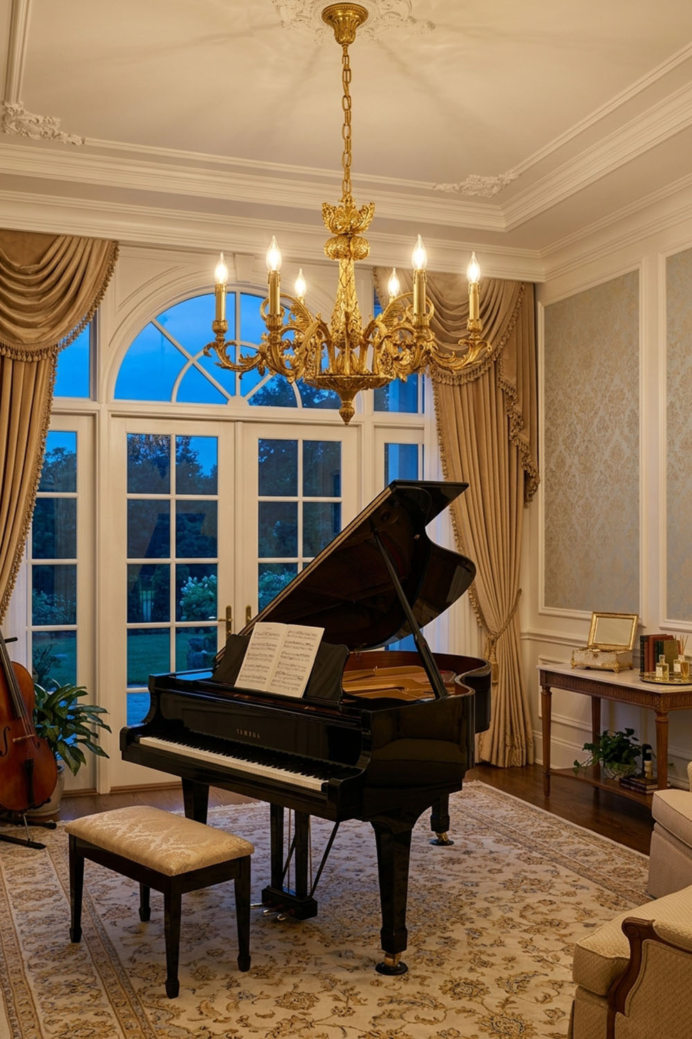 Pamprelle Brass Acanthus Grape Chandelier | Cast Brass | Over a grand piano in an elegant room | Samu Lamp