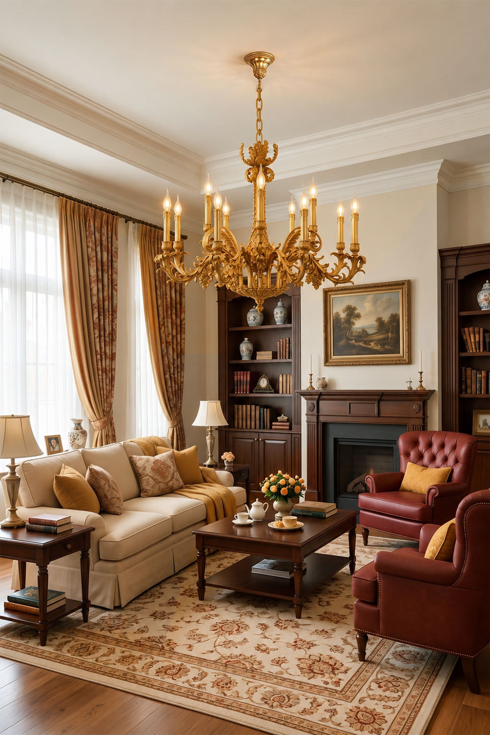 Pamprelle Brass Acanthus Grape Chandelier | Cast Brass | In a classic living room with fireplace | Samu Lamp