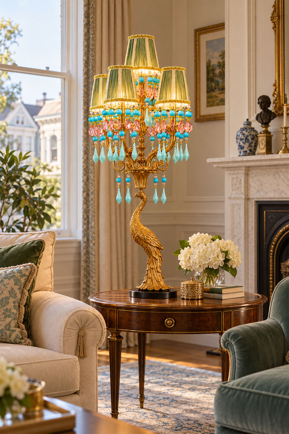 Paonelle Peacock Lamp | Brass, Fabric, and Crystal | Lit on a wooden console table in a luxury vintage parlor | Samu Lamp