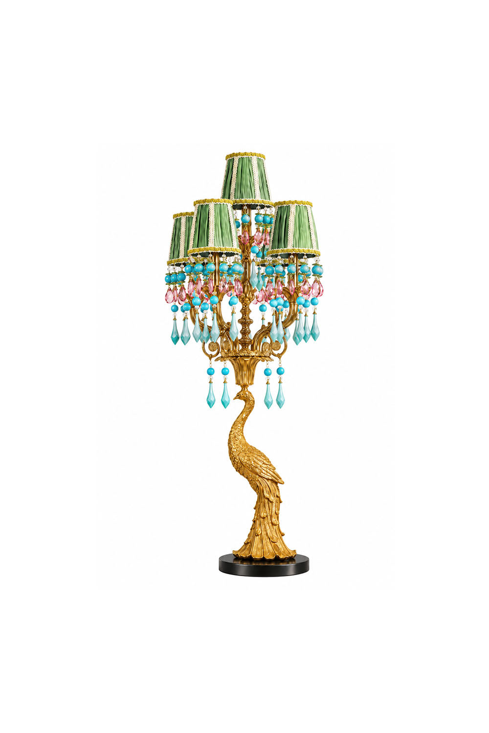 Paonelle Peacock Lamp | Brass, Fabric, and Crystal | Full profile studio shot on white background, unlit | Samu Lamp