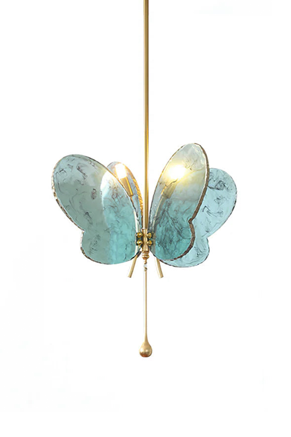 Papillon Glass Butterfly Pendant Lamp | Glass, Metal | Fully lit whimsical blue glass butterfly pendant light with a polished brass hardware frame and drop rod | Isolated lit product shot on white background | Samu Lamp