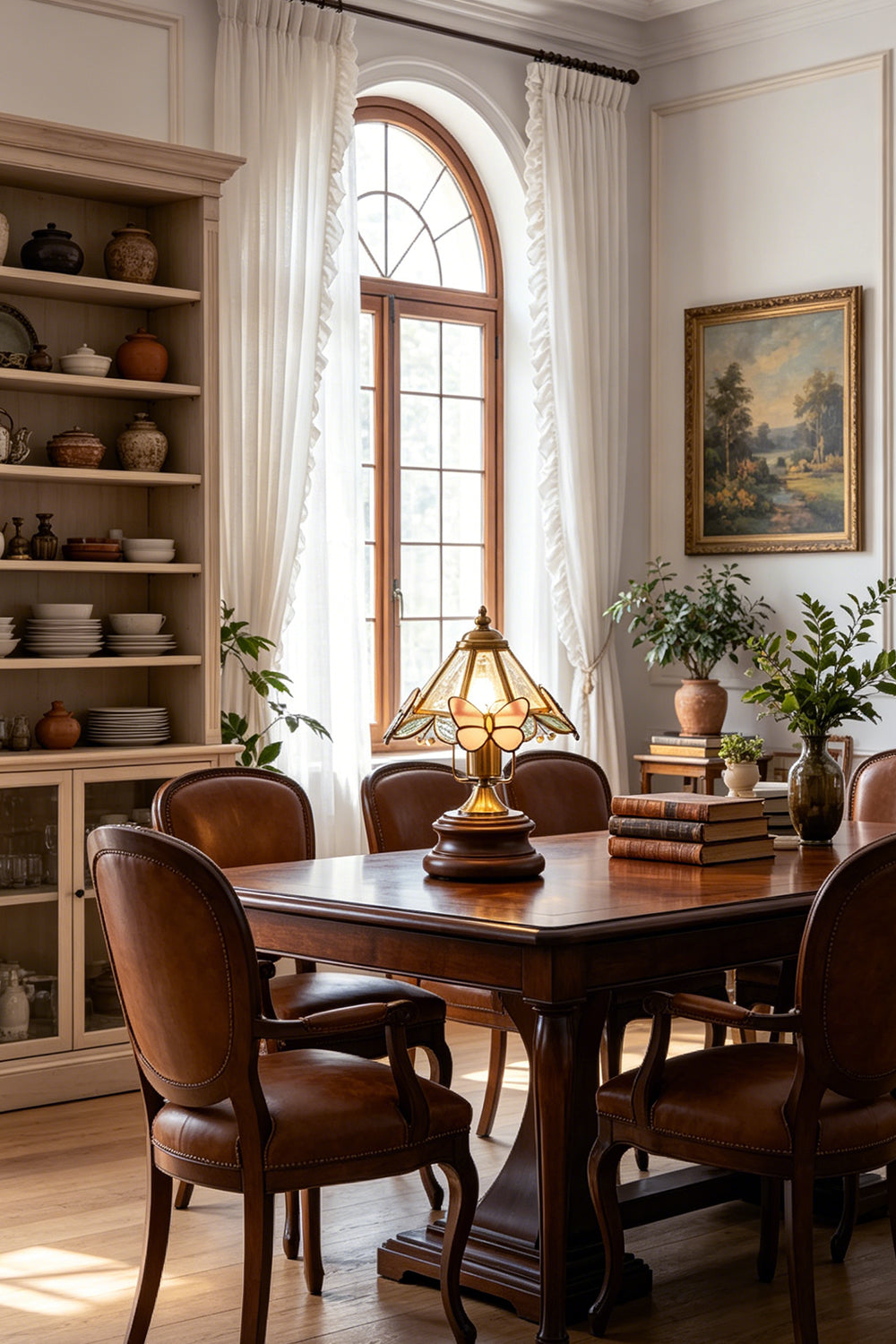 Papillon Heirloom Stained Table Lamp | Wood, Glass, Metal | Centered on a dark wood dining table surrounded by classic leather upholstered dining chairs | Samu Lamp