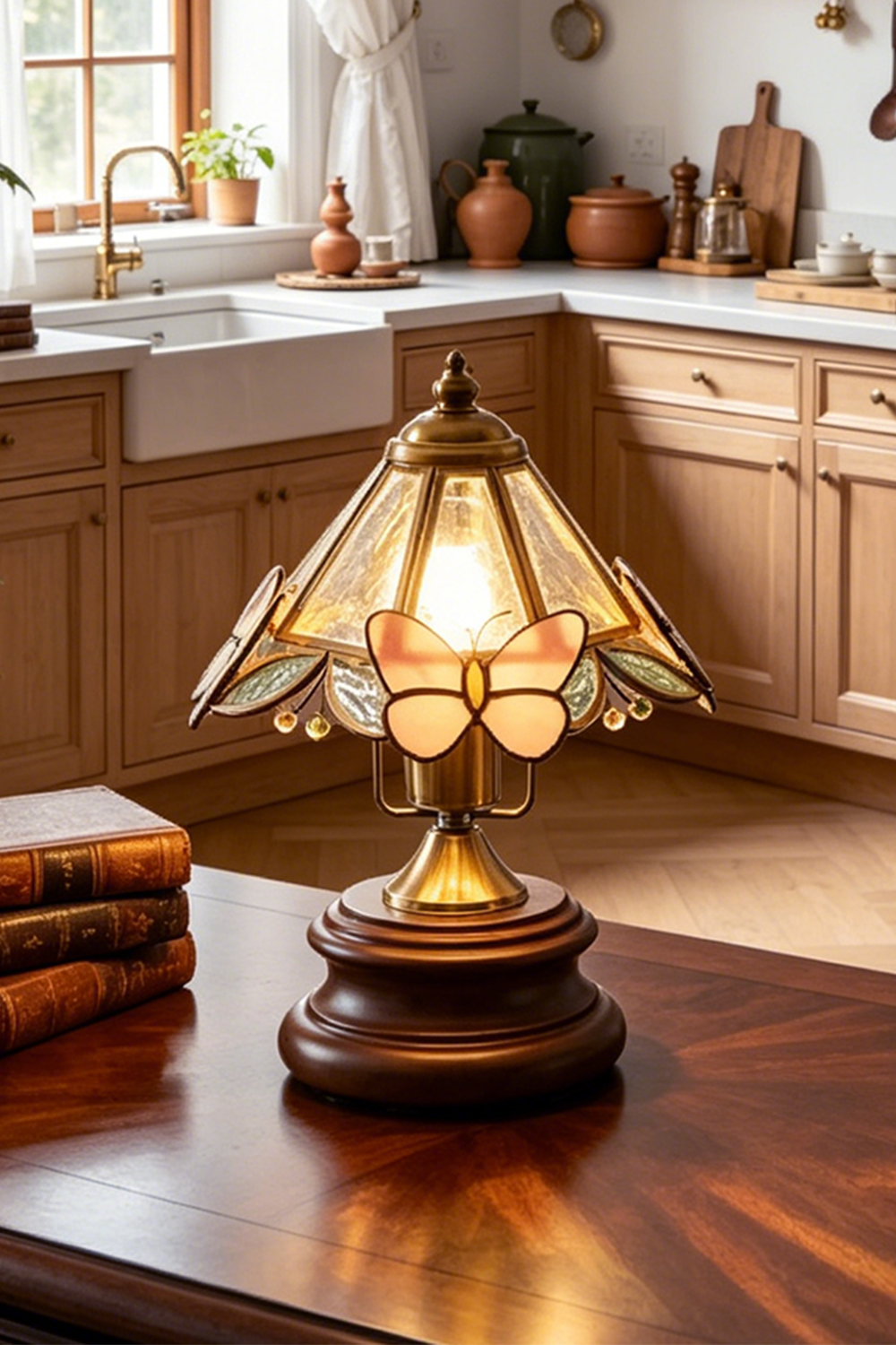 Papillon Heirloom Stained Table Lamp | Wood, Glass, Metal | Closer view of the glowing heirloom lamp on a rich wood surface in a farmhouse-style kitchen | Samu Lamp