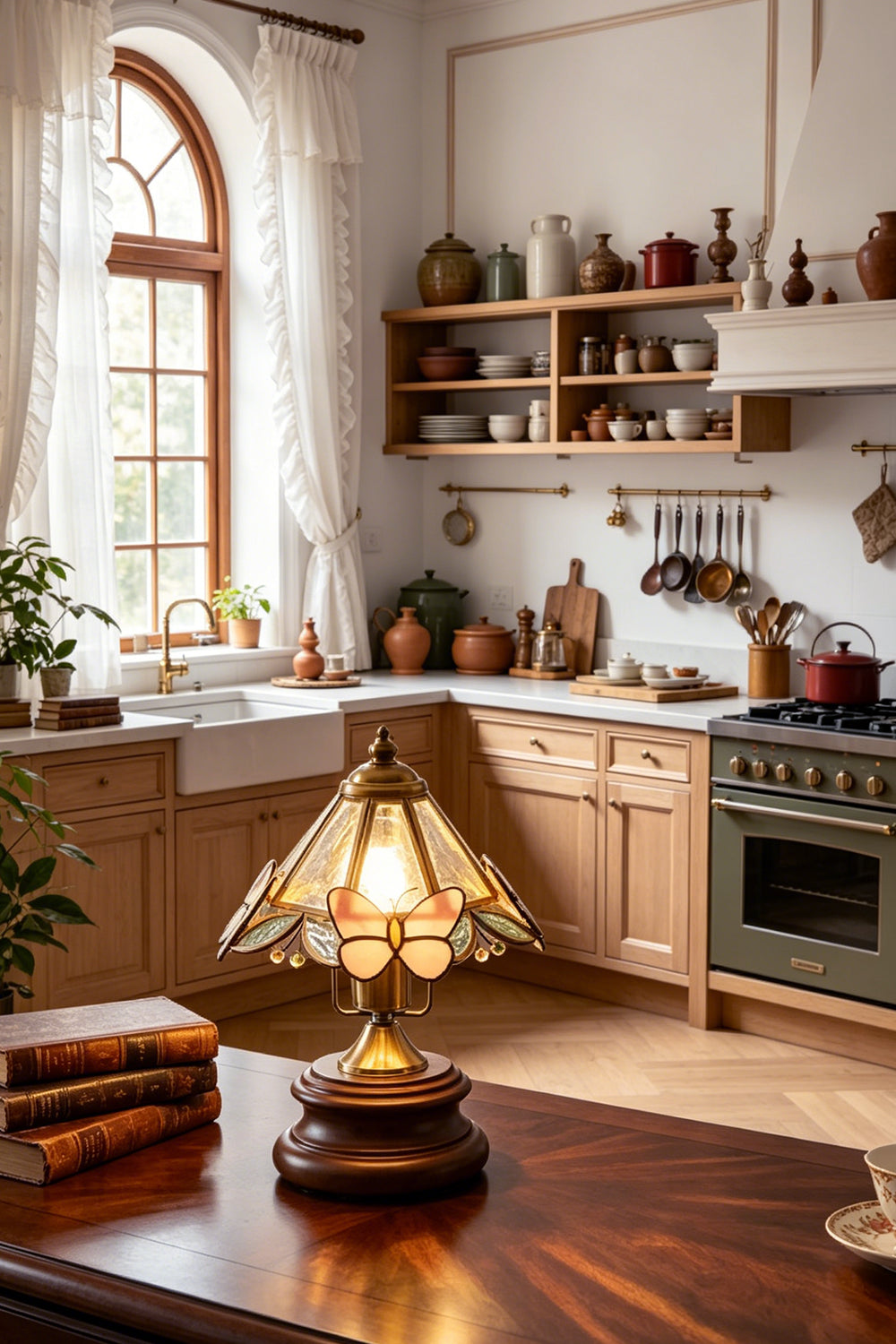 Papillon Heirloom Stained Table Lamp | Wood, Glass, Metal | Lit on a wooden counter in a warm, rustic kitchen with open wooden cabinetry and an arched window | Samu Lamp