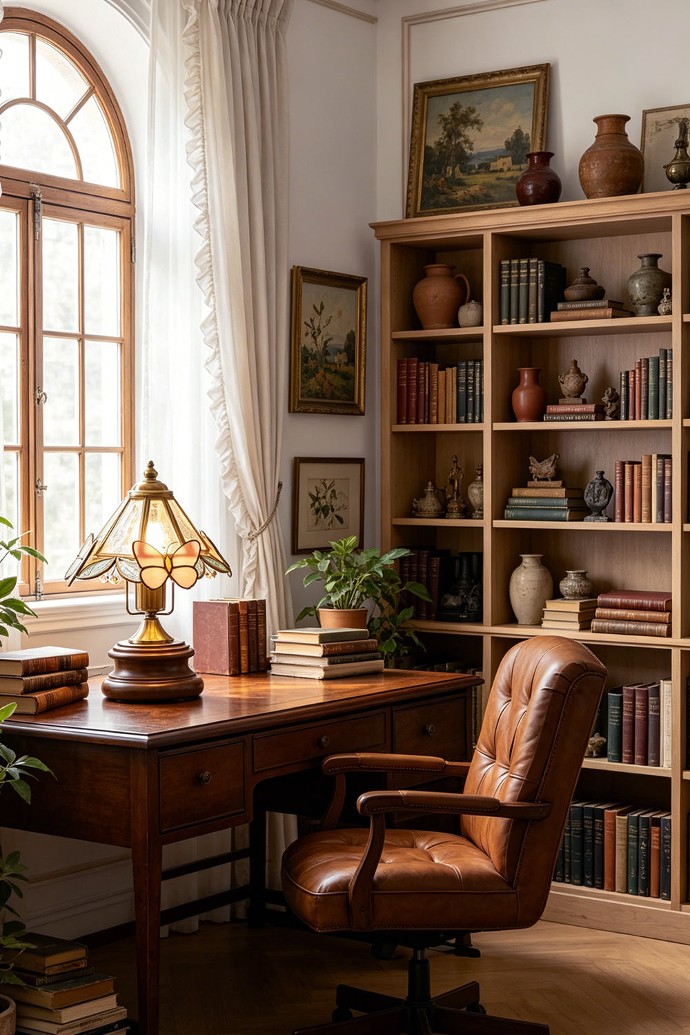 Papillon Heirloom Stained Table Lamp | Wood, Glass, Metal | Illuminating a traditional home office setup on a wooden writing desk next to a classic leather chair | Samu Lamp