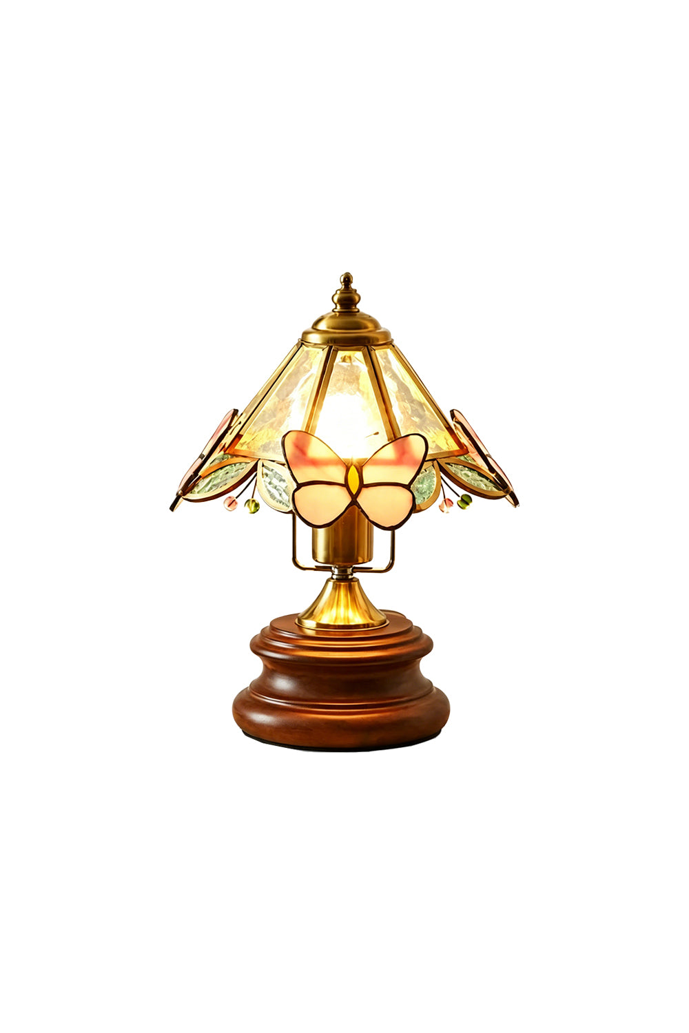 Papillon Heirloom Stained Table Lamp | Wood, Glass, Metal | Vintage tiffany-style stained glass table lamp with pink butterfly accents and a carved dark wood base | Isolated lit product shot on white background | Samu Lamp