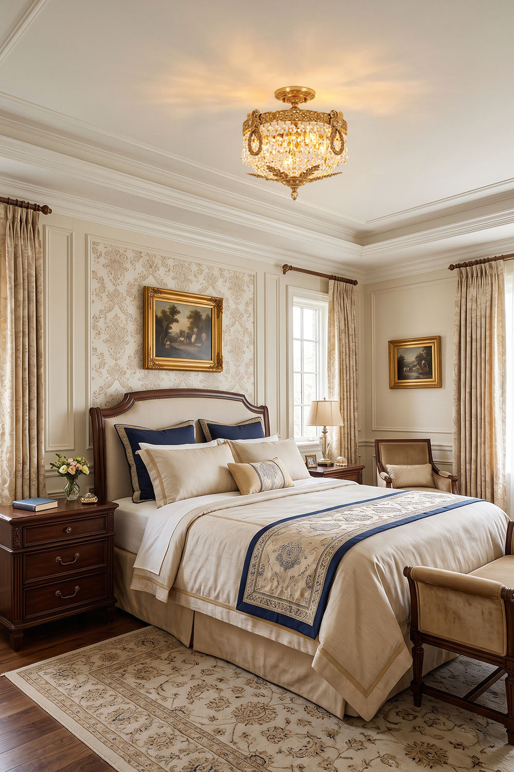 Pellerine Brass Wreath Crystal Semi-Flush Ceiling Light | Cut Crystal and Brass | Centered in a classic bedroom above a bed with blue patterned bedding | Samu Lamp