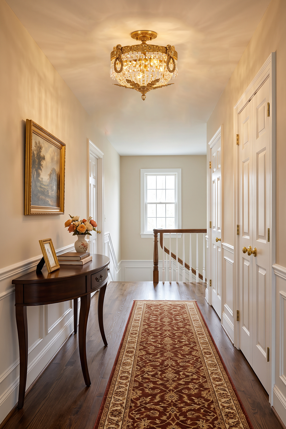 Pellerine Brass Wreath Crystal Semi-Flush Ceiling Light | Cut Crystal and Brass | Illuminating a hallway corridor with a runner rug and console table | Samu Lamp