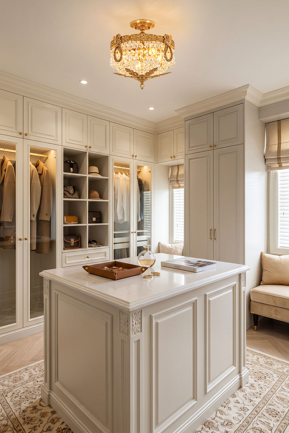 Pellerine Brass Wreath Crystal Semi-Flush Ceiling Light | Cut Crystal and Brass | Positioned over a central island in a bright luxury walk-in closet | Samu Lamp