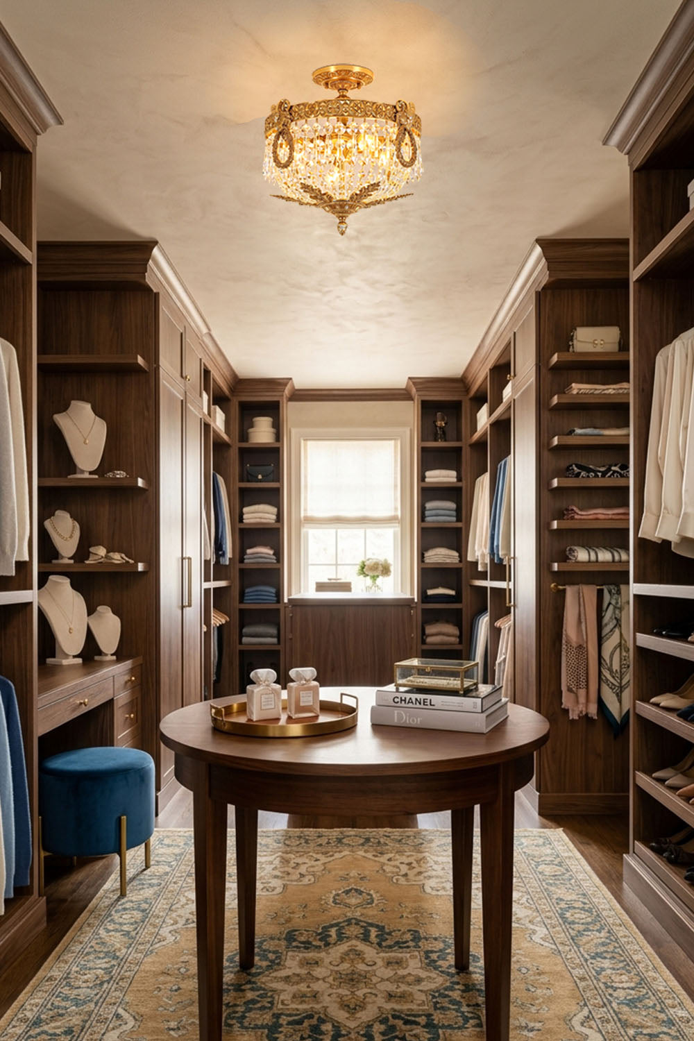 Pellerine Brass Wreath Crystal Semi-Flush Ceiling Light | Cut Crystal and Brass | Hanging in a walk-in closet with dark wood cabinetry and center table | Samu Lamp