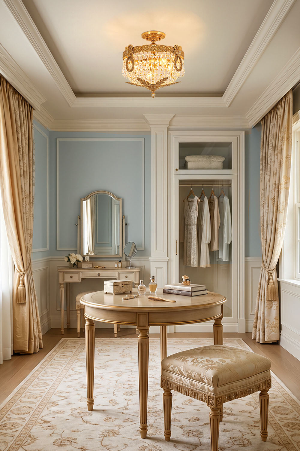 Pellerine Brass Wreath Crystal Semi-Flush Ceiling Light | Cut Crystal and Brass | Displayed in an elegant dressing room above a round vanity table | Samu Lamp