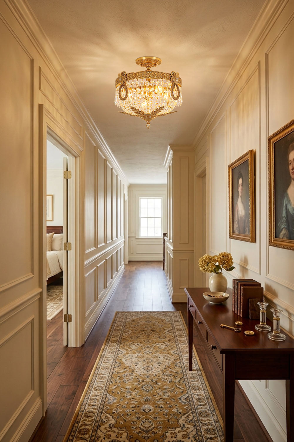 Pellerine Brass Wreath Crystal Semi-Flush Ceiling Light | Cut Crystal and Brass | Installed in an elegant hallway with paneled walls and framed art | Samu Lamp