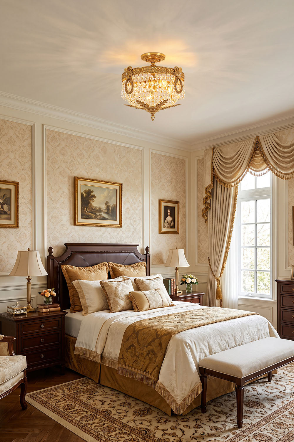 Pellerine Brass Wreath Crystal Semi-Flush Ceiling Light | Cut Crystal and Brass | Lighting a traditional bedroom with patterned wallpaper and wooden bed | Samu Lamp