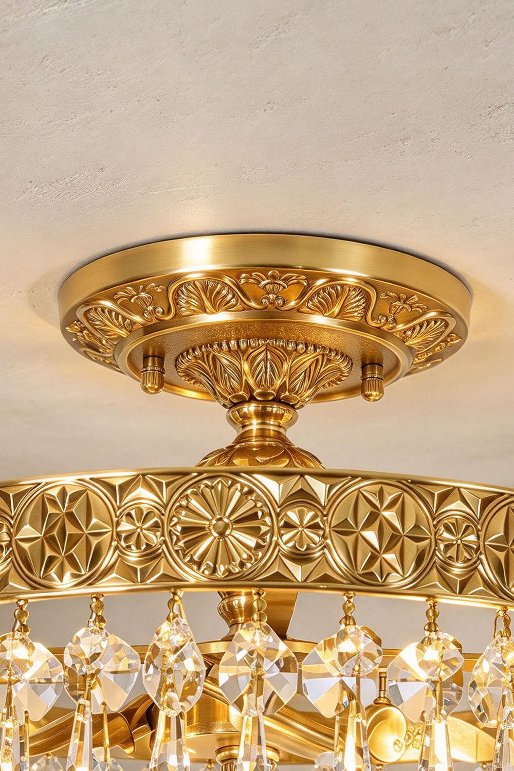 Pellerine Brass Wreath Crystal Semi-Flush Ceiling Light | Cut Crystal and Brass | Close-up detail of the decorative brass ceiling canopy and pierced rim | Samu Lamp