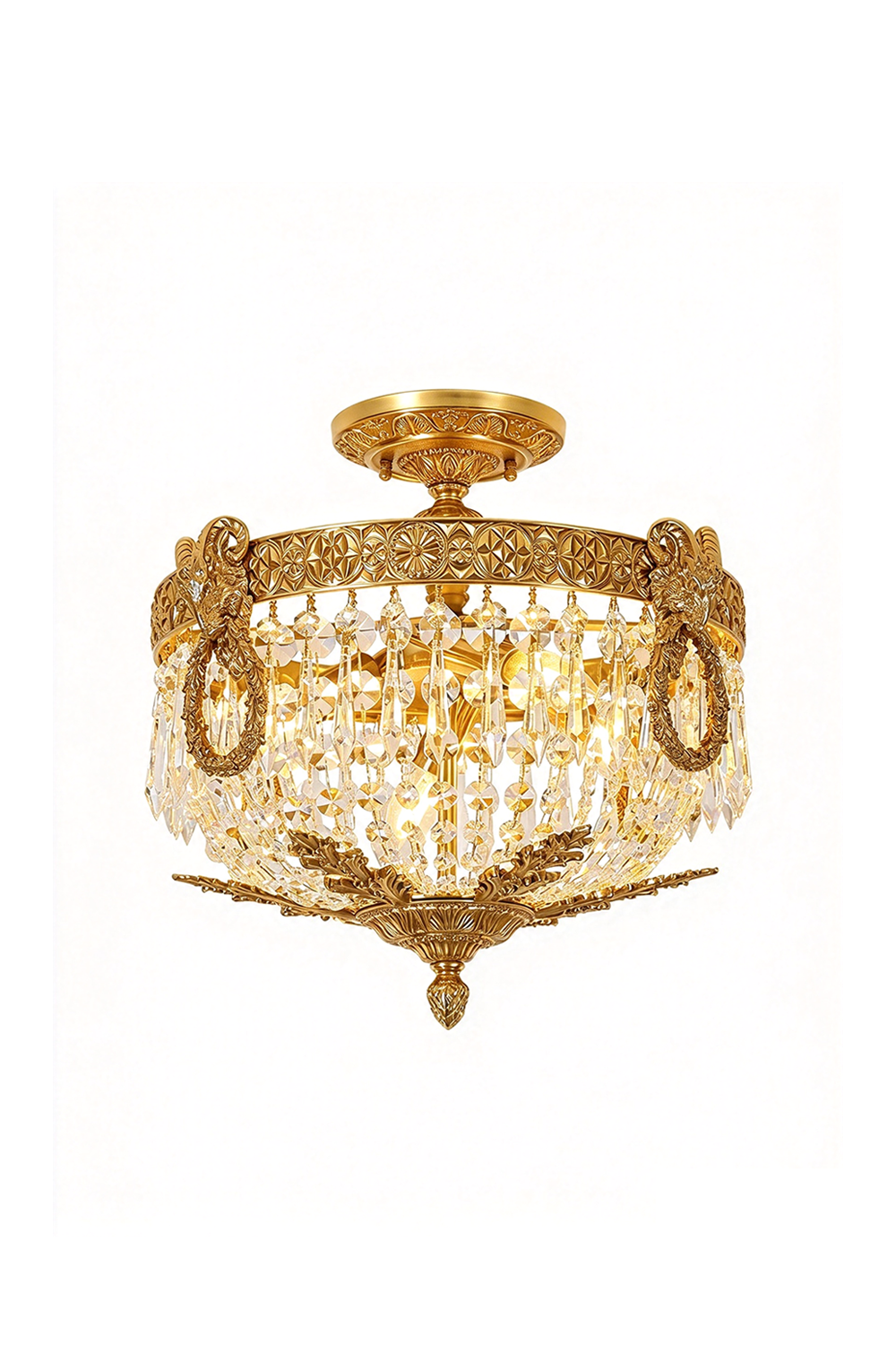 Pellerine Brass Wreath Crystal Semi-Flush Ceiling Light | Cut Crystal and Brass | Front full view on a pure white background, illuminated | Samu Lamp