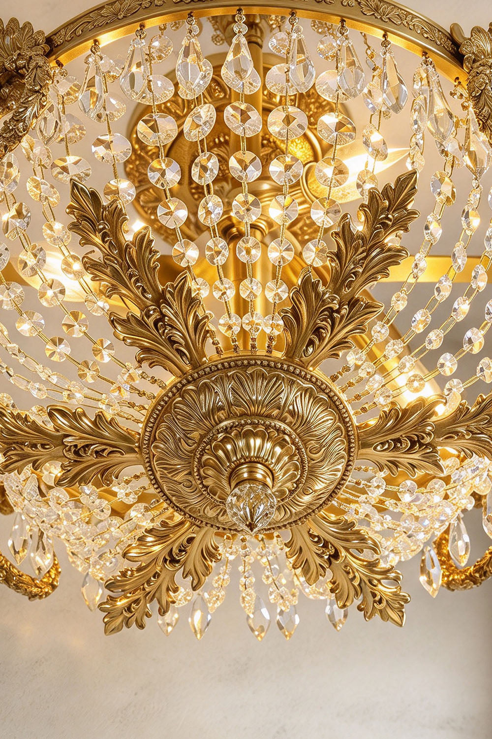 Pellerine Brass Wreath Crystal Semi-Flush Ceiling Light | Cut Crystal and Brass | Bottom-up perspective showing the ornate brass finial and crystal arrangement | Samu Lamp