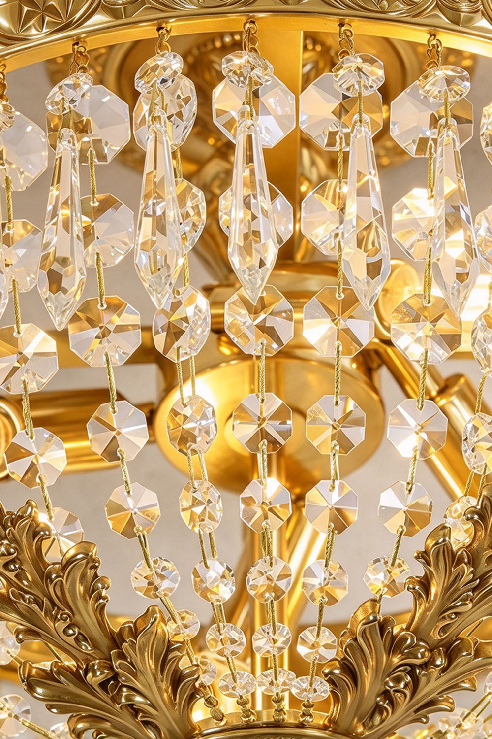 Pellerine Brass Wreath Crystal Semi-Flush Ceiling Light | Cut Crystal and Brass | Detail shot highlighting the sparkling cut crystal prisms and warm light | Samu Lamp