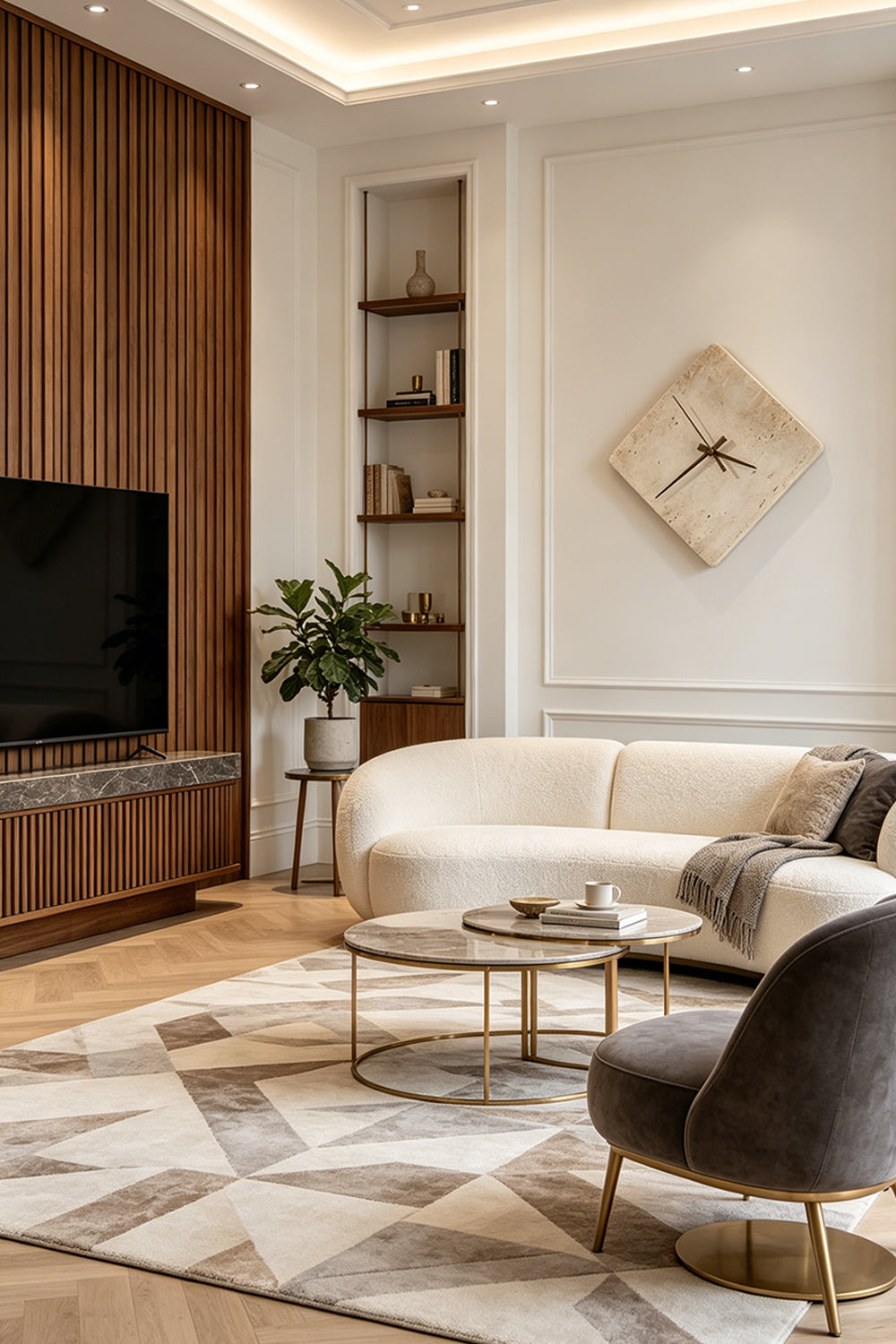 Petra Compass Travertine Backlit Wall Lamp | Travertine, Iron | Mounted on a wall as a decorative accent in a modern luxury living room with a curved cream sofa and wood paneling | Samu Lamp