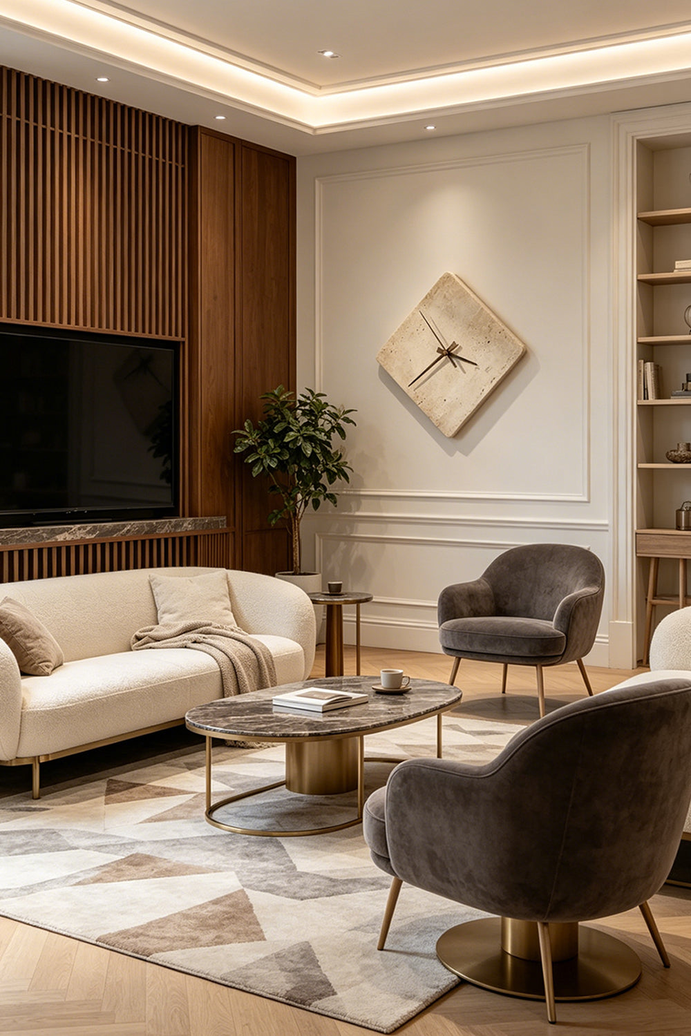 Petra Compass Travertine Backlit Wall Lamp | Travertine, Iron | Illumination in a sophisticated living room space featuring grey velvet armchairs and built-in bookshelves | Samu Lamp Petra Compass