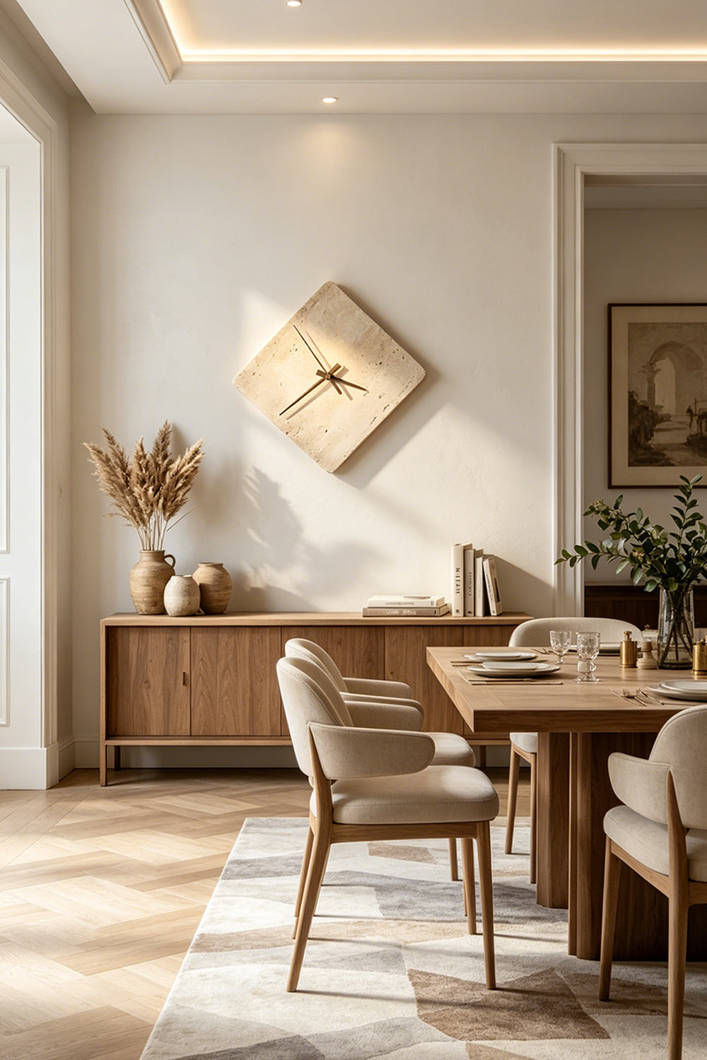 Petra Compass Travertine Backlit Wall Lamp | Travertine, Iron | Displayed on a neutral wall above a wooden sideboard cabinet in a warm, sunlit dining area | Samu Lamp
