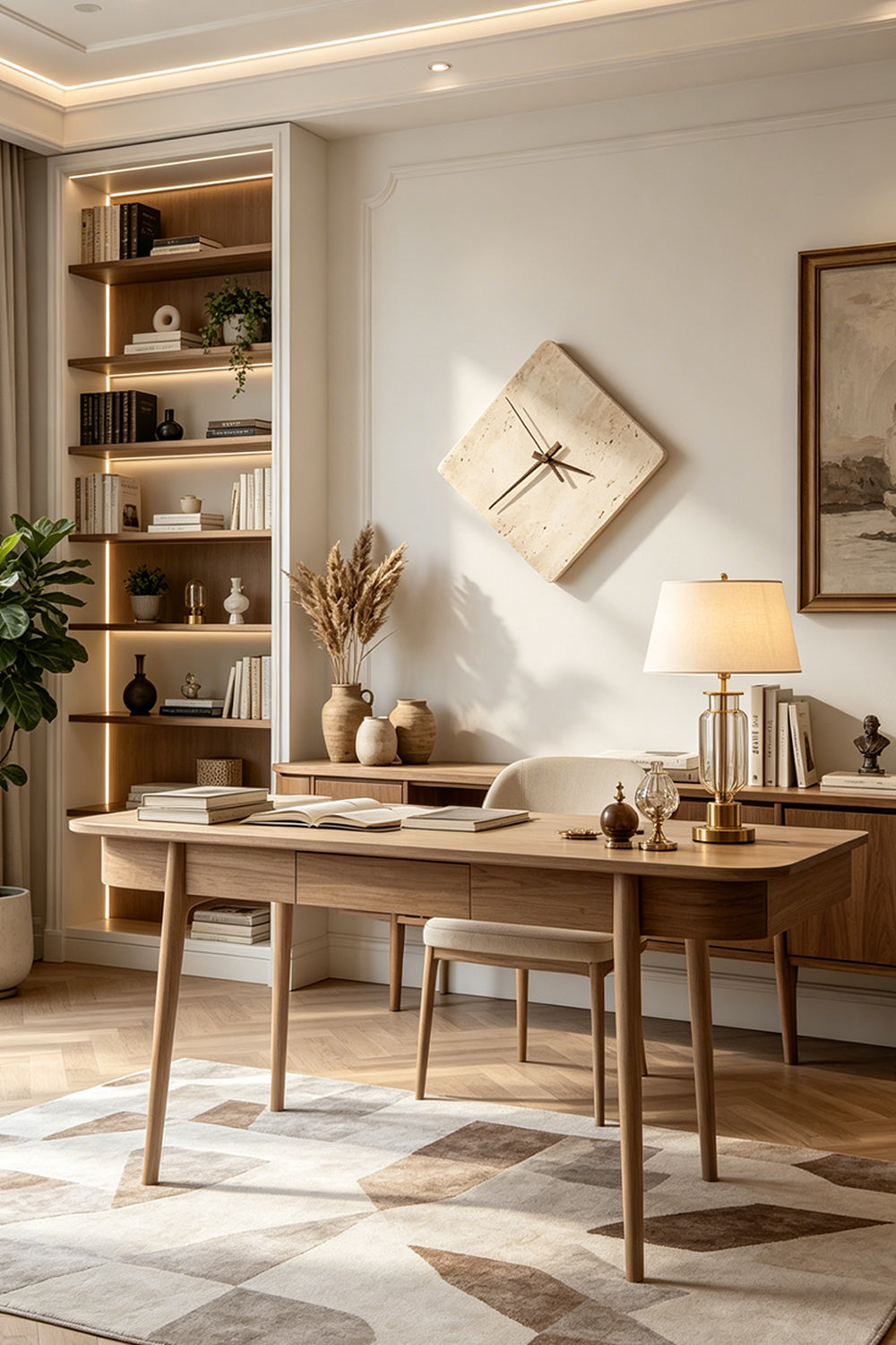 Petra Compass Travertine Backlit Wall Lamp | Travertine, Iron | Wall-mounted as artistic decor in a contemporary home office with a wooden desk and shelving unit | Samu Lamp