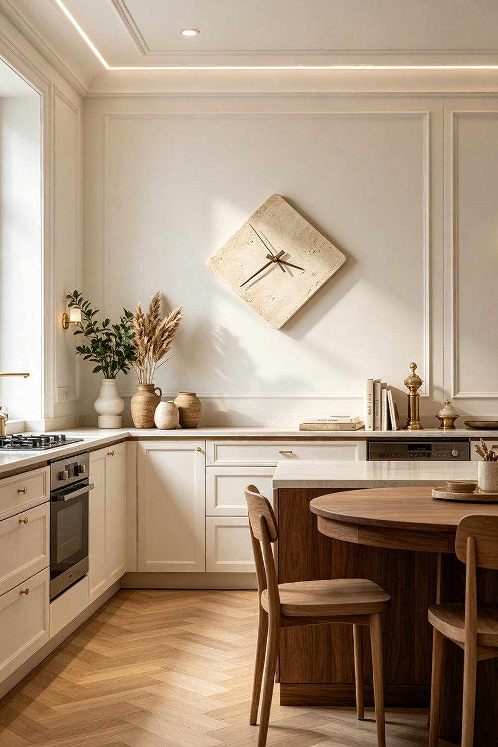 Petra Compass Travertine Backlit Wall Lamp | Travertine, Iron | Mounted in a clean modern kitchen and dining space with light wood cabinetry and a round table | Samu Lamp