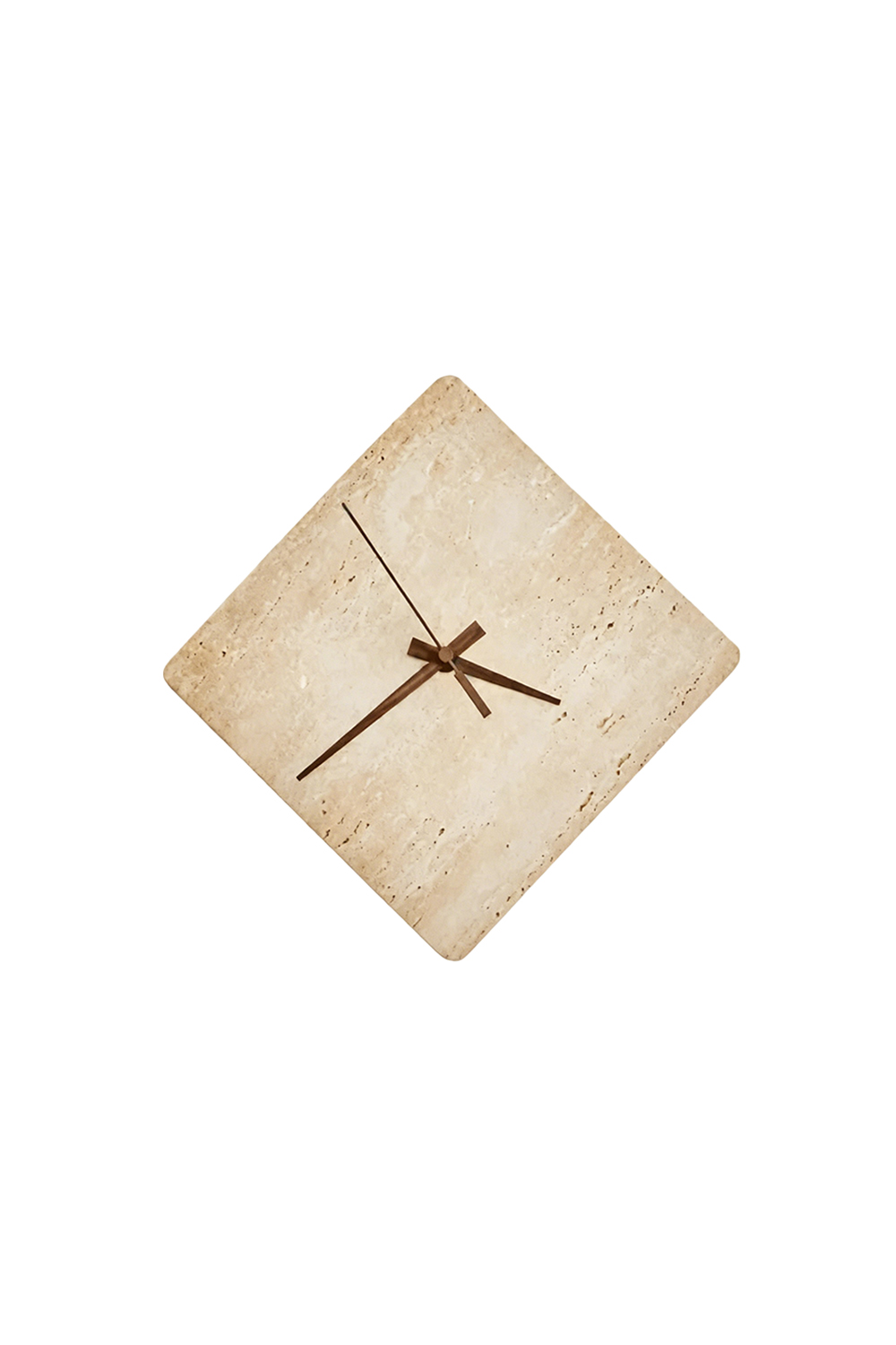 Petra Compass Travertine Backlit Wall Lamp | Travertine, Iron | Diamond-shaped natural beige travertine stone plate with minimalist dark metal hands | Isolated product shot on white background | Samu Lamp