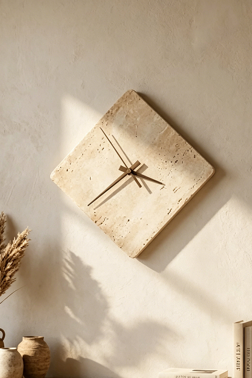 Petra Compass Travertine Backlit Wall Lamp | Travertine, Iron | Close-up view of the stone fixture on a plaster wall with dramatic sunlight and organic tree leaf shadows | Samu Lamp