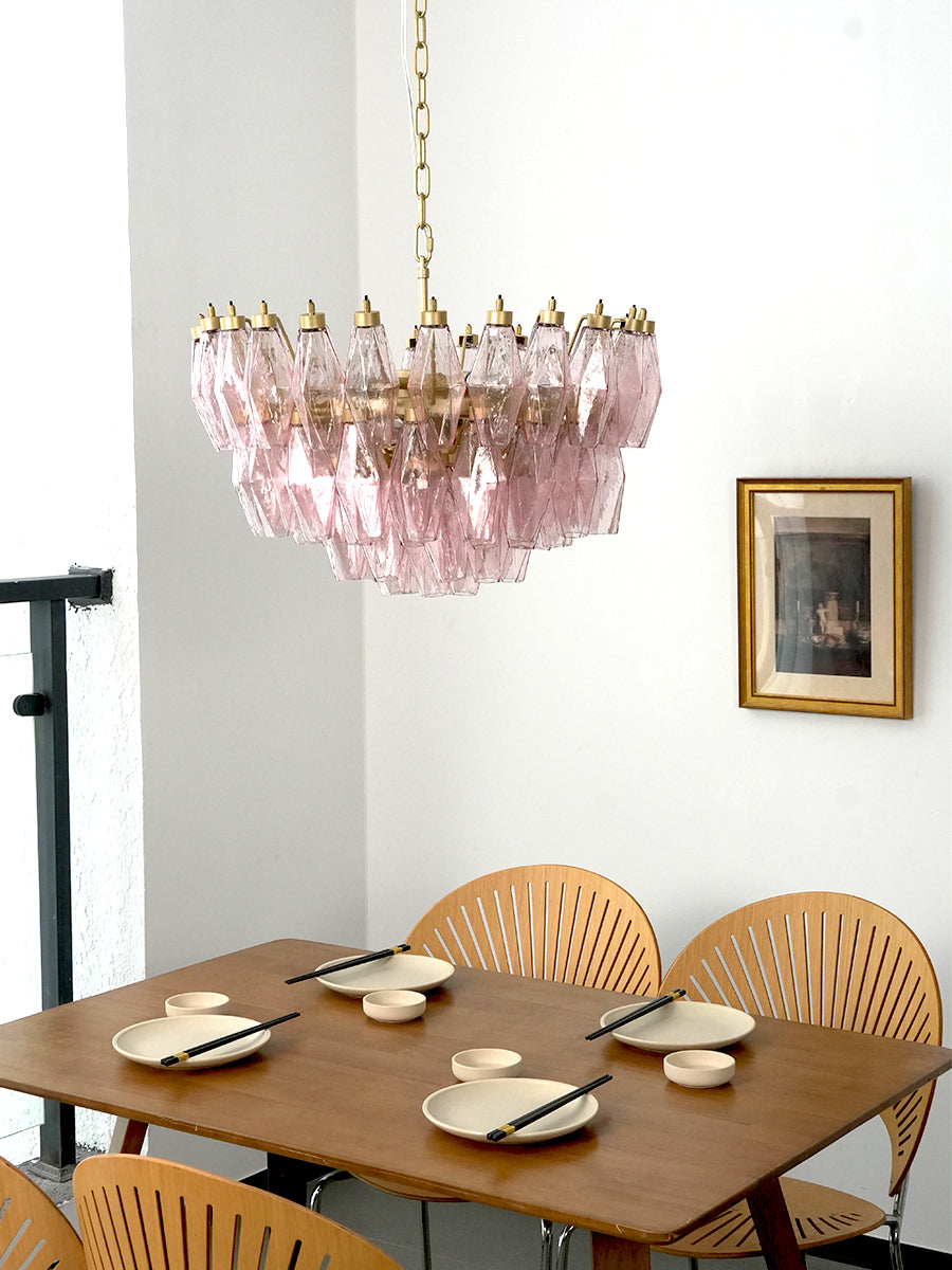 Tiered pink glass chandelier in a bright interior | Metal, Glass | Side view in a dining room with classical art | Samu Lamp