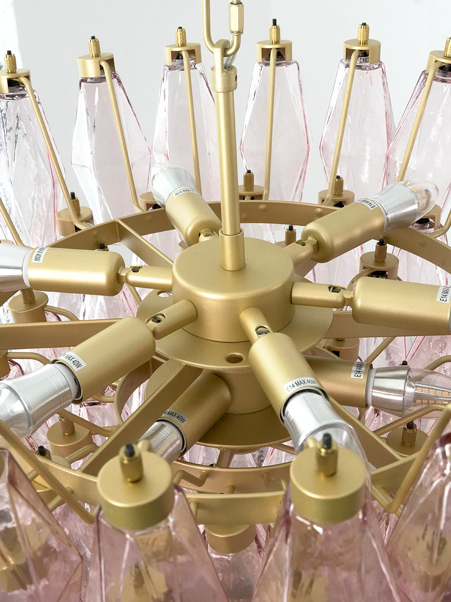 Internal metal frame and bulb sockets of pink chandelier | Metal, Glass | Top-down view showing the tiered structure | Samu Lamp