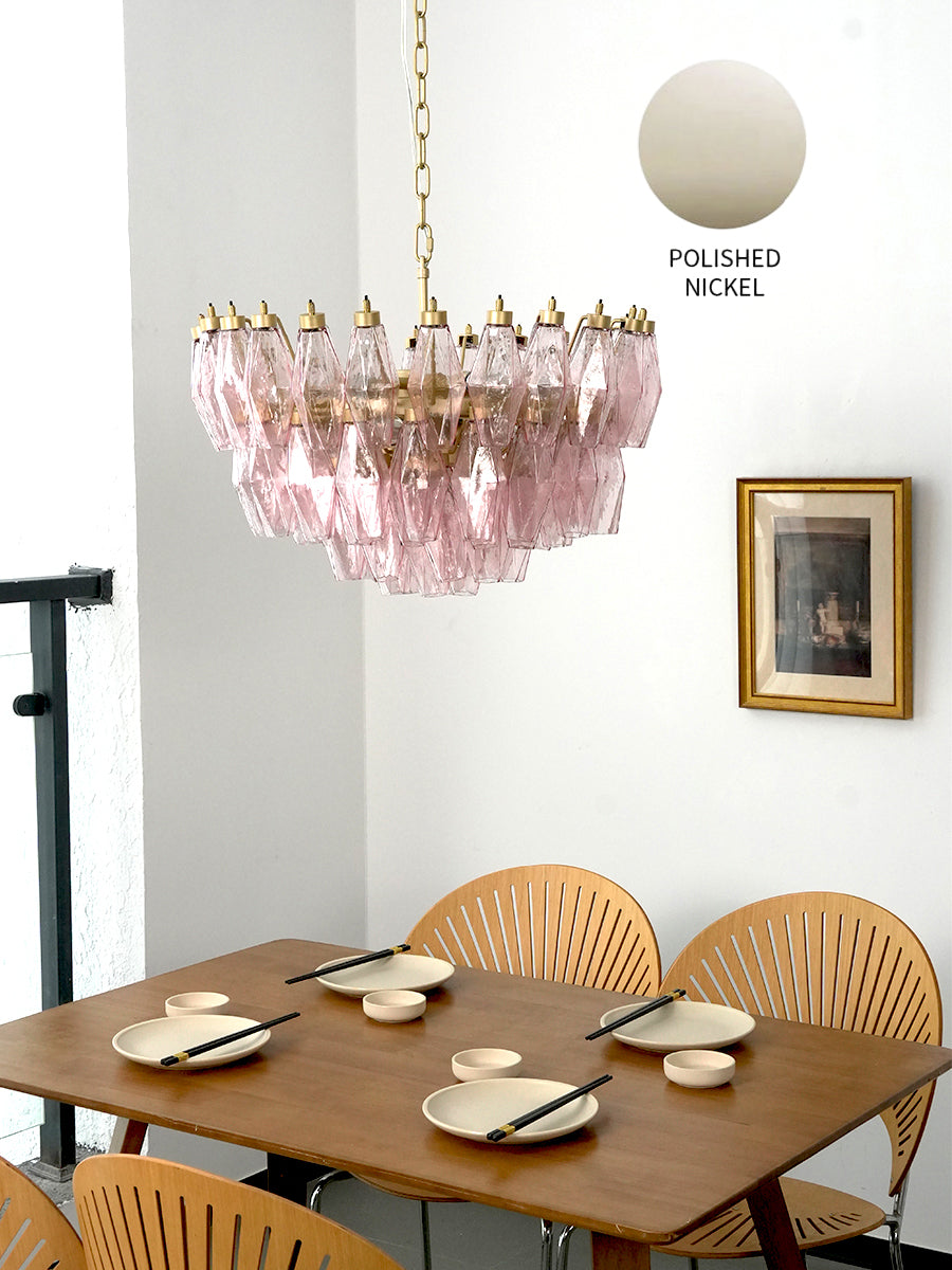 Pink Art Glass Polyhedron Tiered Chandelier with color swatch | Metal, Glass | Scene view with small product thumbnail | Samu Lamp