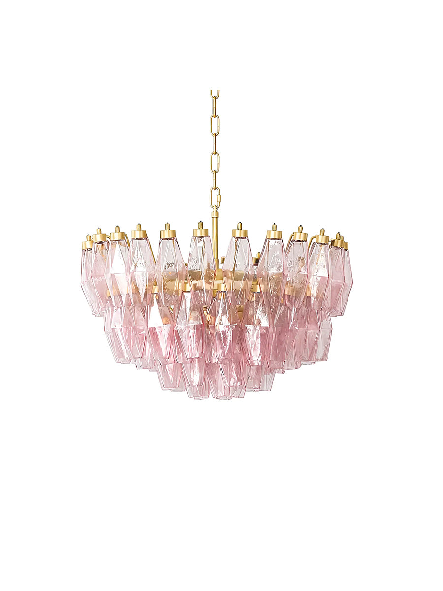 Tiered pink art glass polyhedron chandelier with brass hardware | Metal, Glass | Front view isolated on white background | Samu Lamp