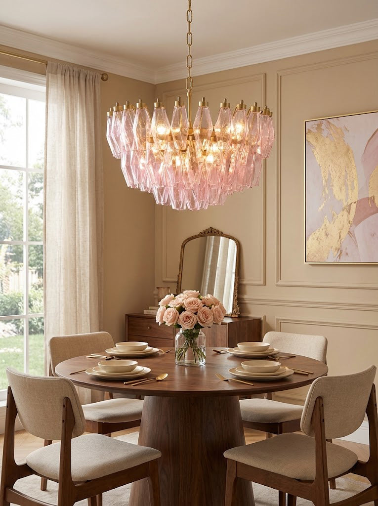 Pink polyhedron glass chandelier over round dining table | Metal, Glass | Interior scene with beige chairs and pink wall art | Samu Lamp