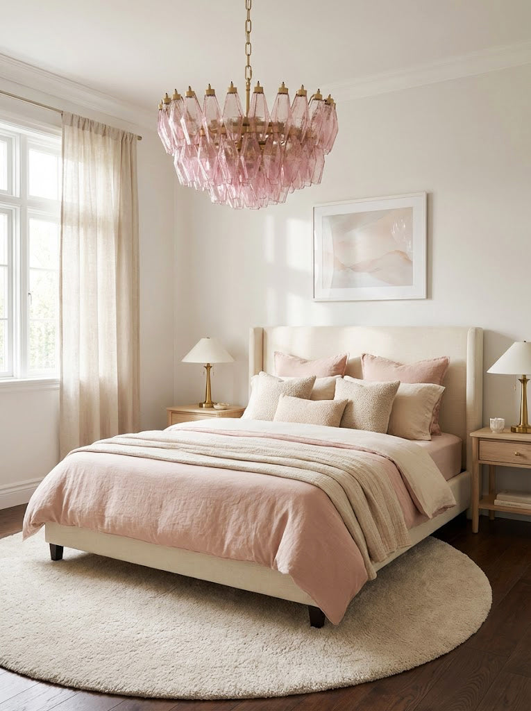 Romantic pink glass tiered chandelier in a cozy bedroom | Metal, Glass | Centered over a bed with pink bedding | Samu Lamp