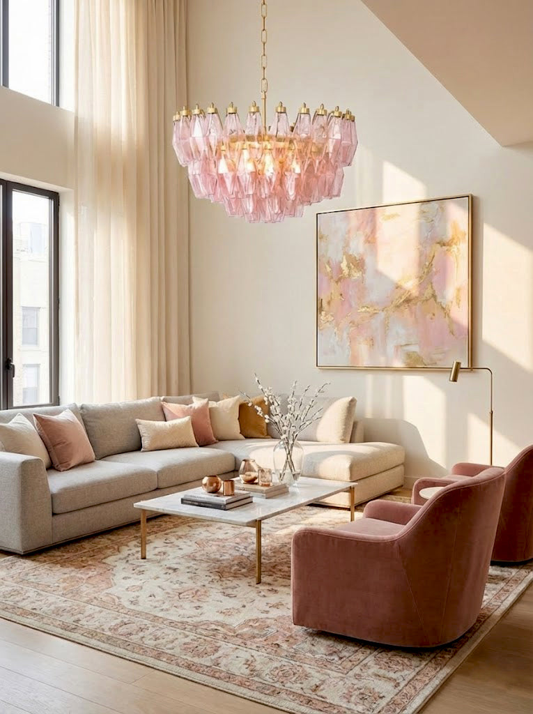Elegant pink glass chandelier in a bright living room | Metal, Glass | Modern lounge area with white and pink tones | Samu Lamp