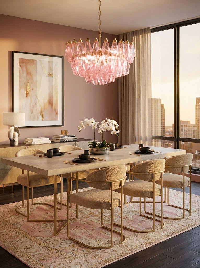 Luxurious pink art glass chandelier over long dining table | Metal, Glass | Formal dining room with gold chairs and natural light | Samu Lamp