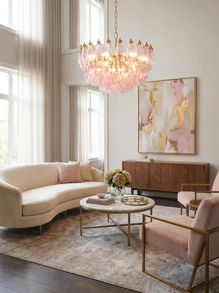 Tiered pink polyhedron glass light fixture | Metal, Glass | Living room scene with curved sofa and pink abstract art | Samu Lamp