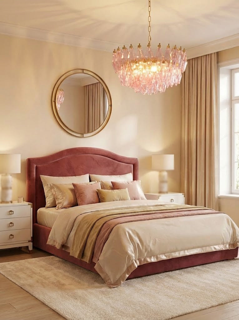 Lit pink glass chandelier in a master bedroom | Metal, Glass | Positioned above a red velvet headboard | Samu Lamp
