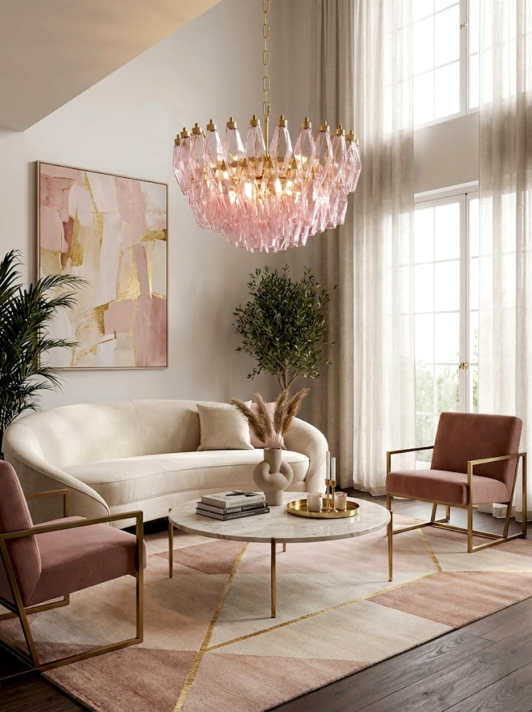 Pink art glass tiered chandelier in a contemporary home | Metal, Glass | Open-plan interior with pink accents and large windows | Samu Lamp