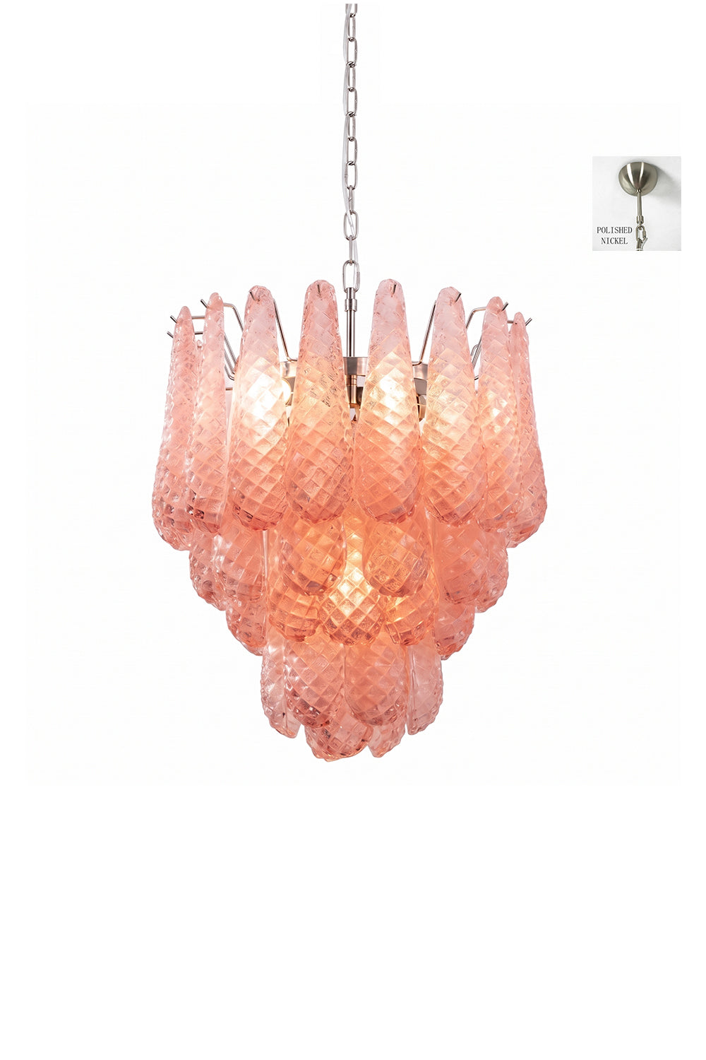 Amara Blush Cascading Glass Chandelier | Glass, Metal | Small isolated product shot of the lit pink cascading chandelier on a white background | Samu Lamp