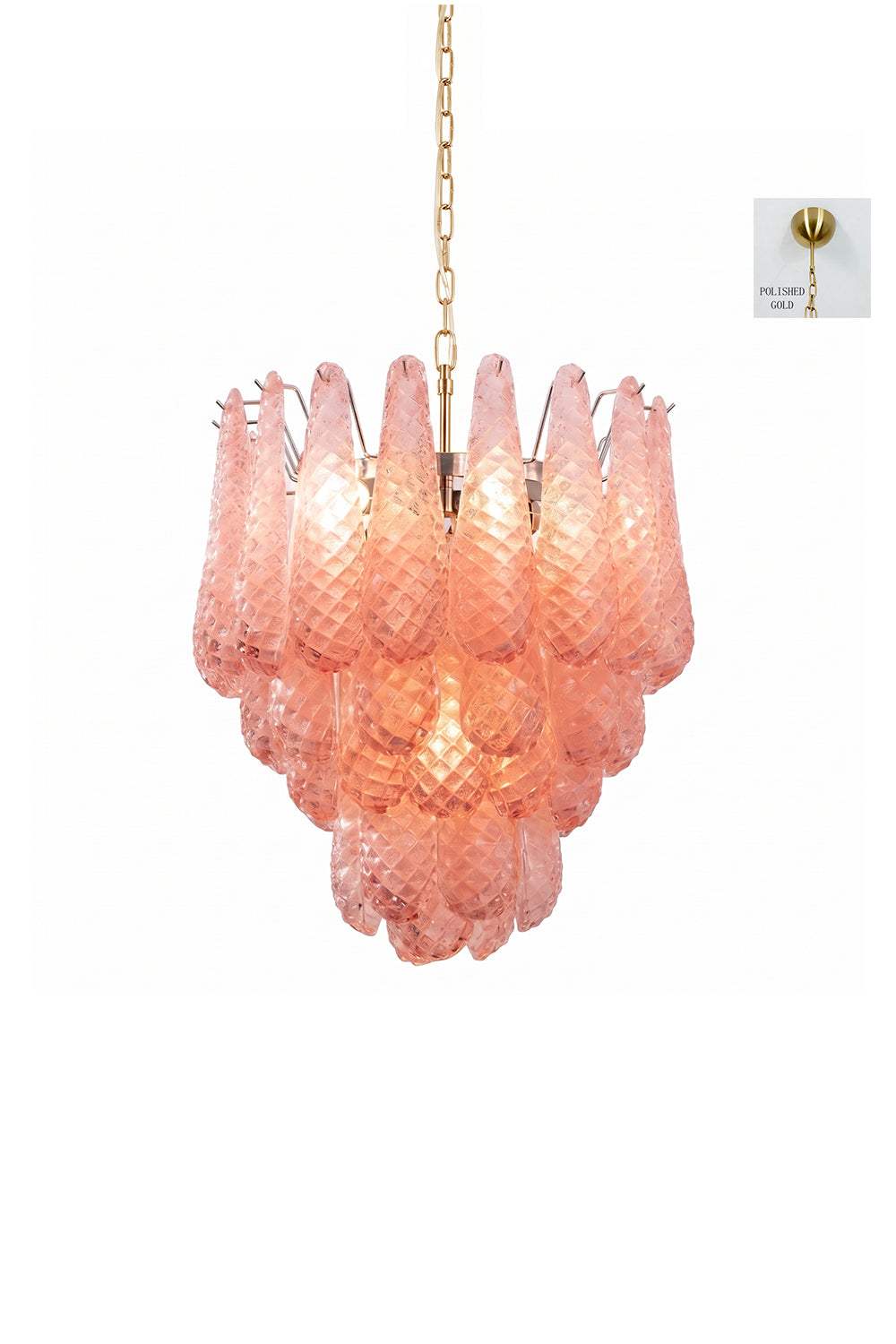 Amara Blush Cascading Glass Chandelier | Glass, Metal | Isolated product snapshot of the illuminated multi-tiered blush glass chandelier on a clean white backdrop | Samu Lamp