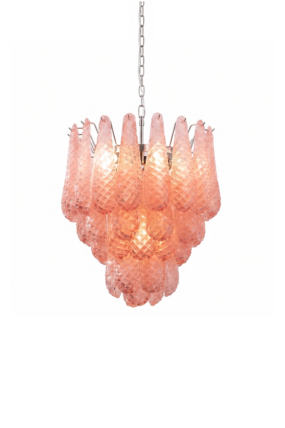 Amara Blush Cascading Glass Chandelier | Glass, Metal | Multi-tiered Murano-style chandelier with cascading textured blush pink glass panels and a warm inner glow | Isolated lit product shot on white background | Samu Lamp
