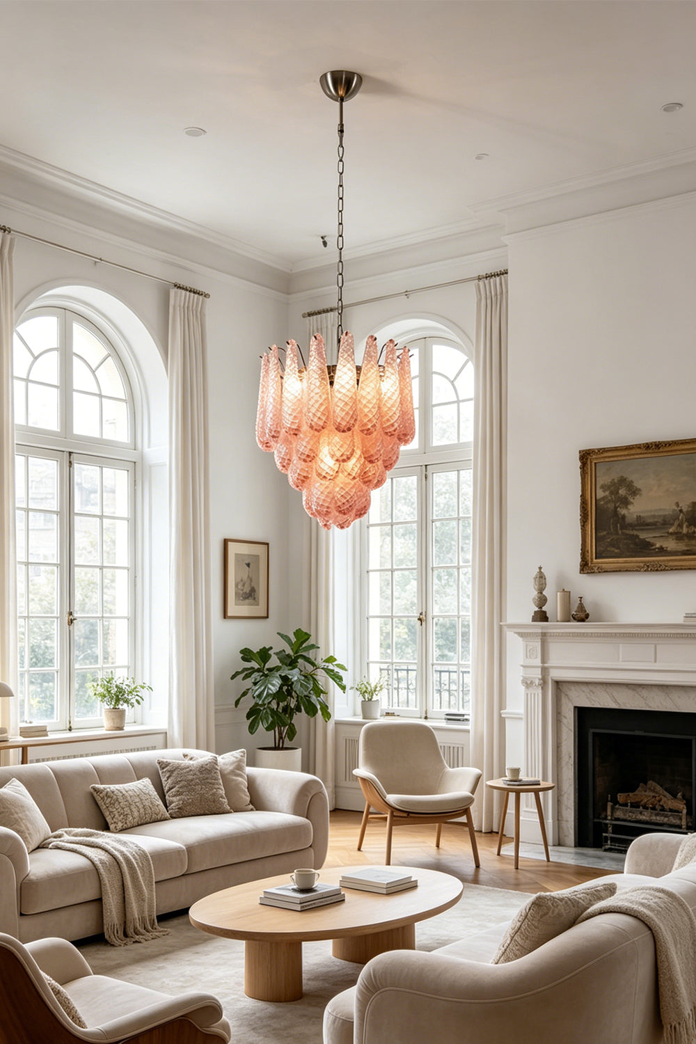 Amara Blush Cascading Glass Chandelier | Glass, Metal | Hanging in a luxurious, sunlit living room featuring large arched windows and a classic fireplace | Samu Lamp
