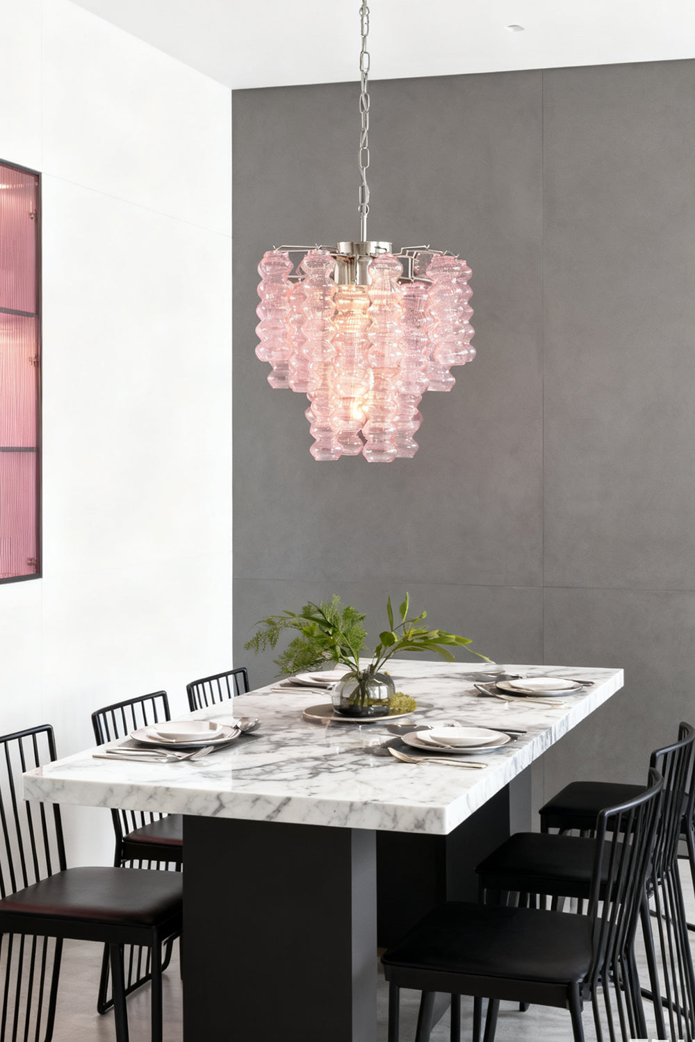 Pink Murano Ripple Glass Tube Chandelier