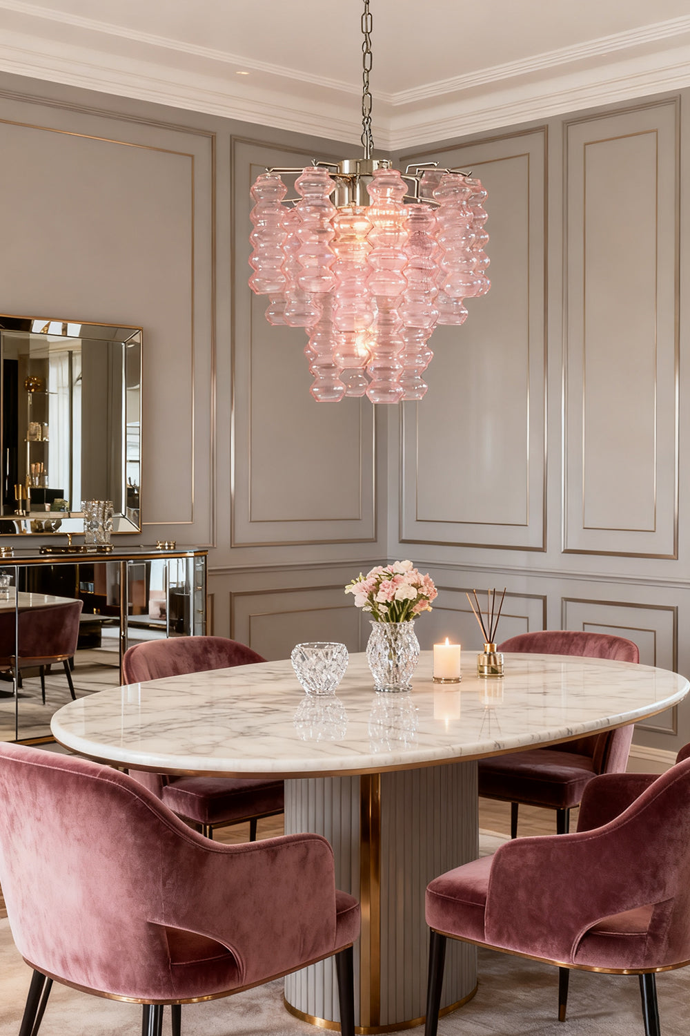 Pink Murano Ripple Glass Tube Chandelier